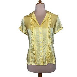 Y2K Banana Republic Womens Yellow Silk Blouse With Ruffle Detail & Short Sleeves